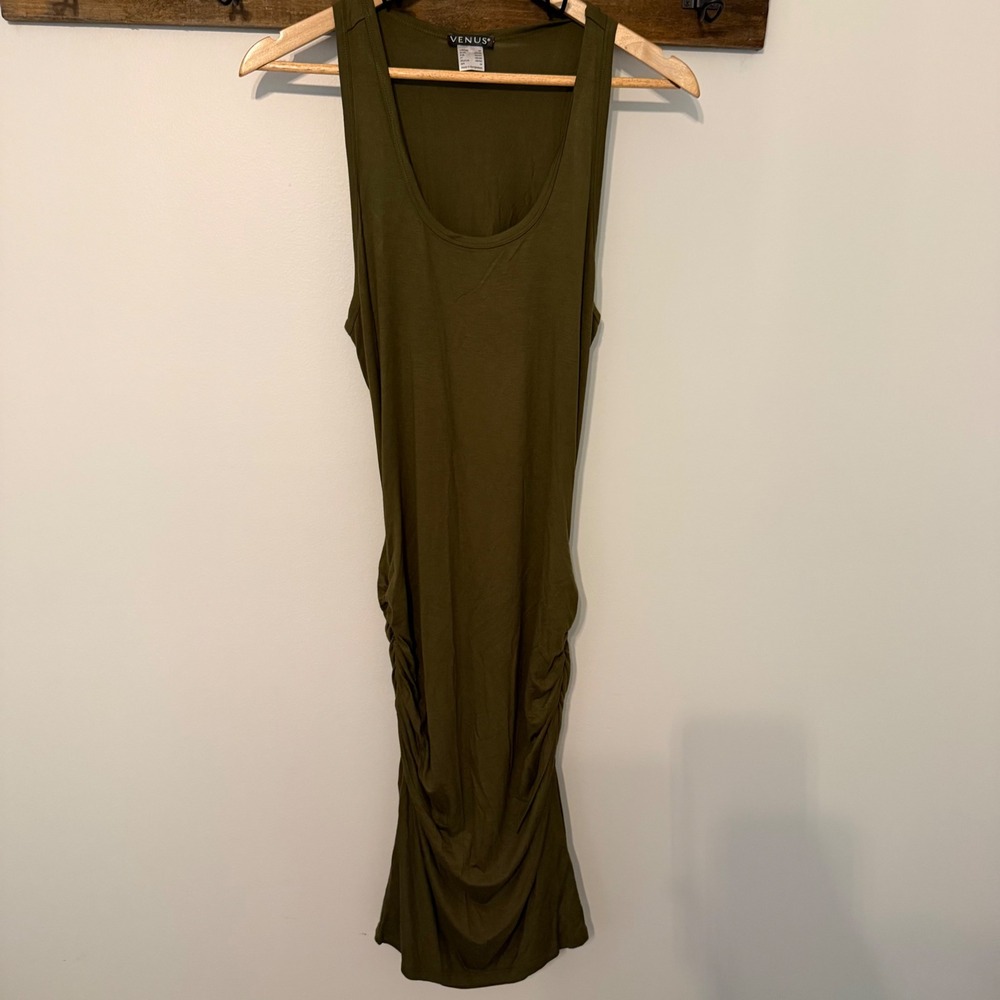 Venus Olive Green Ruched Bodycon Midi Dress Sleeveless Scoop Neck Mens Size M